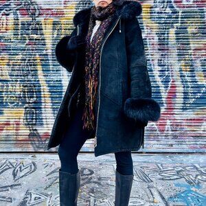 Knoles & Carter London Black Leather Coat, Fur-Lined Hood Winter Jacket Women's